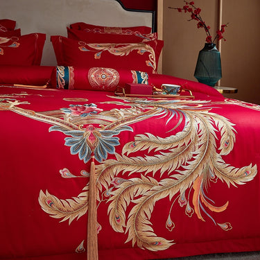 Red Gold Luxury Wedding Dragon Phoenix Embroidery Tassel Duvet Cover, 1400TC Egyptian Cotton Bedding Set